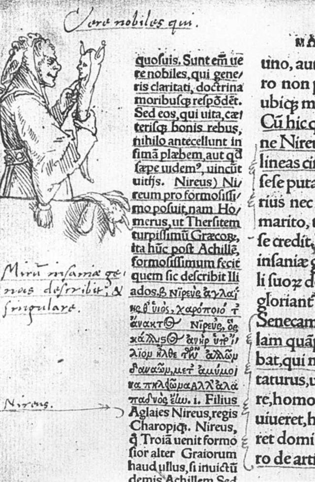 disegno di Hans Holbein il Giovane della Follia (1515), nella prima edizione, una copia posseduta da Erasmo stesso. Immagine di Wikipedia